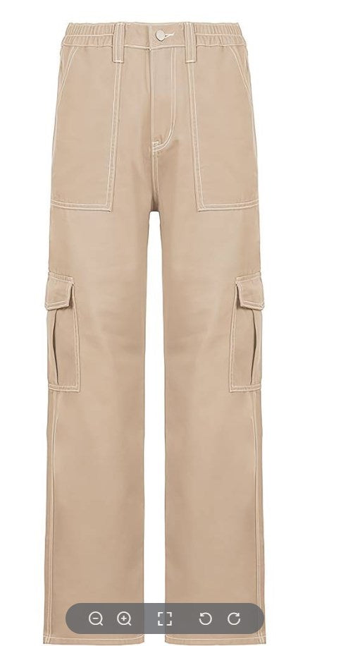 Khaki Wide Leg Cargo Pants with Flap Pockets for Women