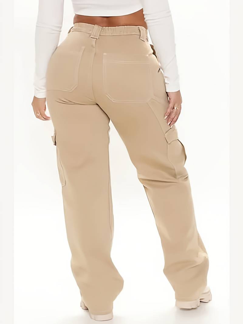 Khaki Wide Leg Cargo Pants with Flap Pockets for Women
