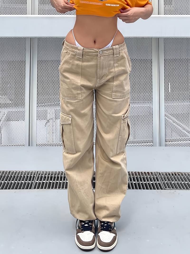 Khaki Wide Leg Cargo Pants with Flap Pockets for Women