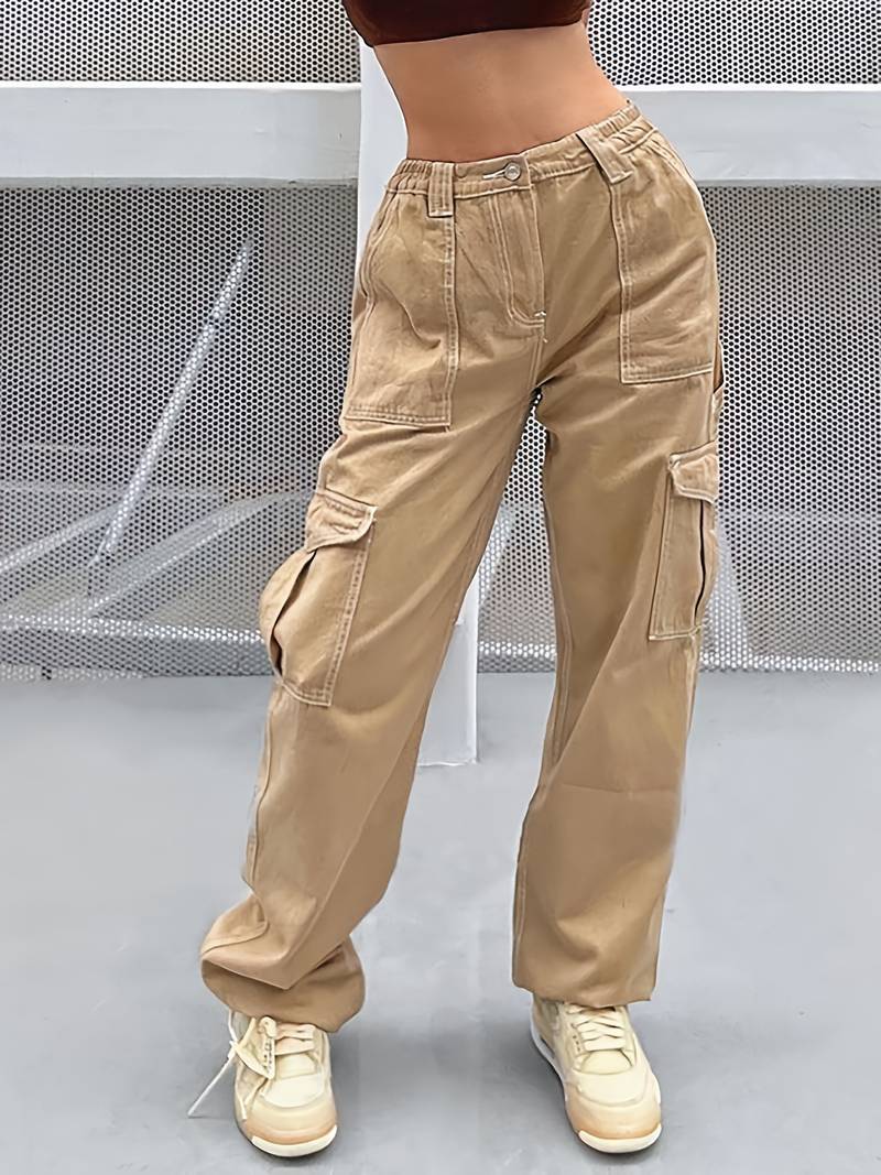 Khaki Wide Leg Cargo Pants with Flap Pockets for Women