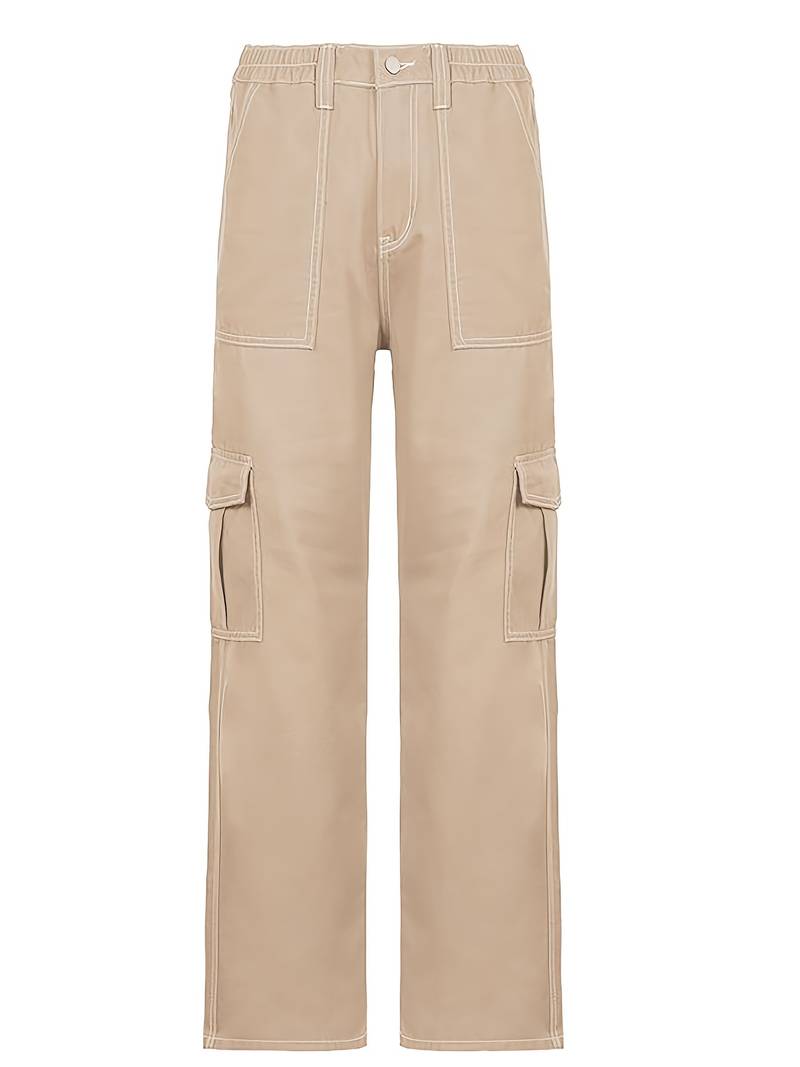 Khaki Wide Leg Cargo Pants with Flap Pockets for Women
